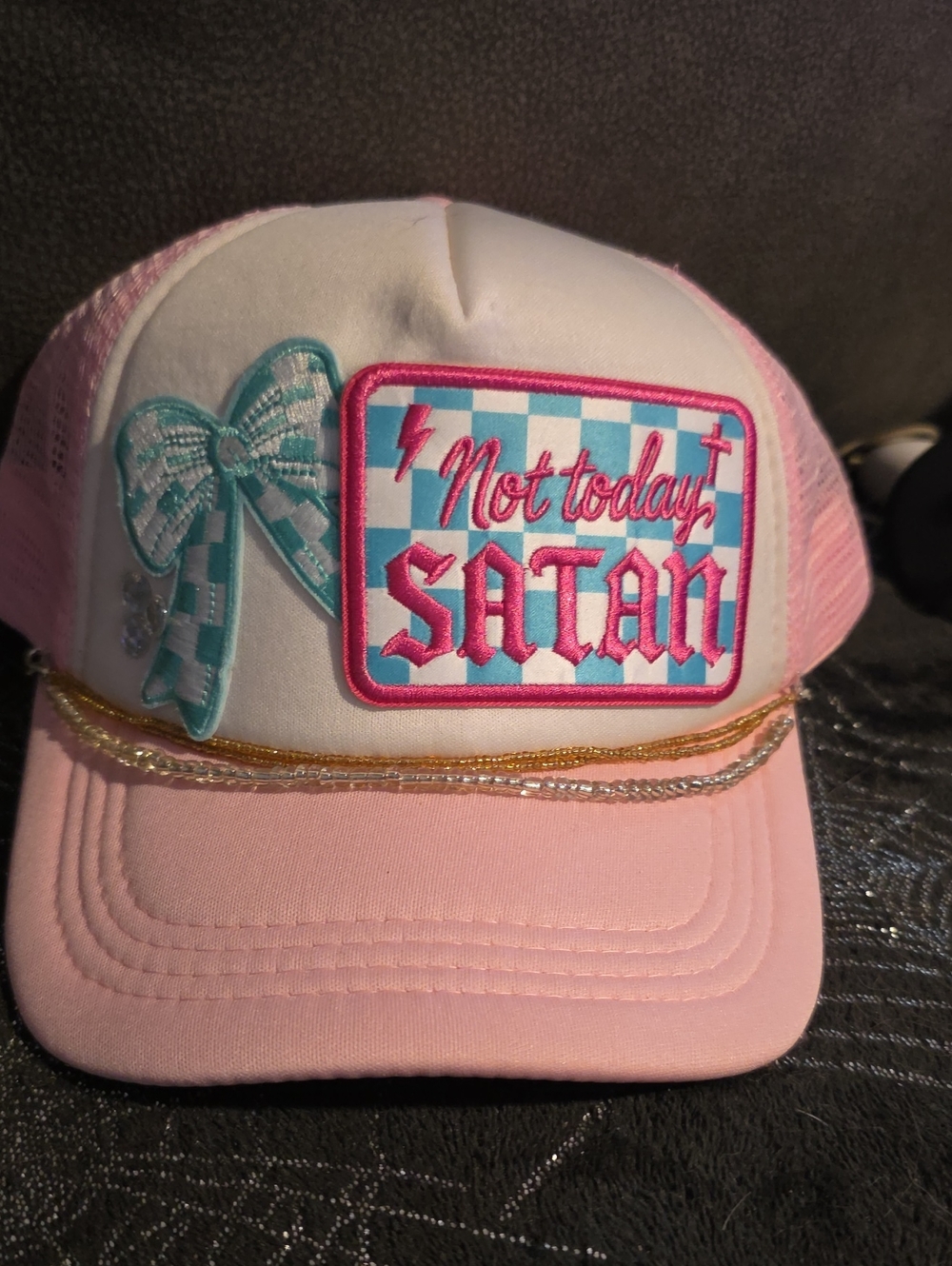 Pink Trucker Hat with 'Not Today SATAN' Patch